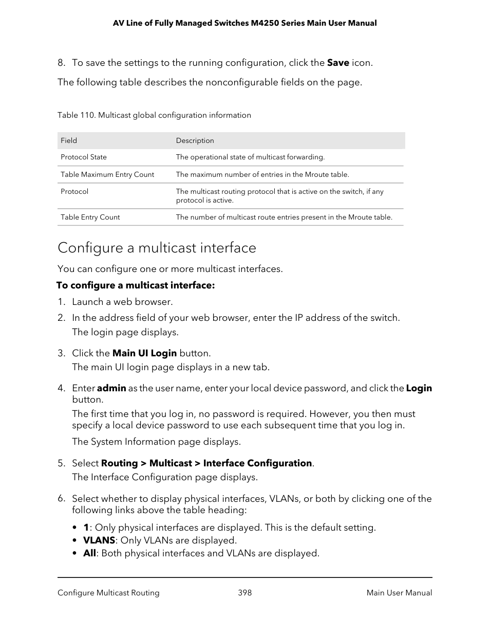 Configure a multicast interface | NETGEAR AV Line M4250 GSM4210PX 8-Port Gigabit PoE+ Compliant Managed AV Switch with SFP (220W) User Manual | Page 398 / 826