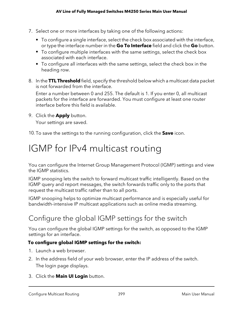 Igmp for ipv4 multicast routing, Configure the global igmp settings for the switch | NETGEAR AV Line M4250 GSM4210PX 8-Port Gigabit PoE+ Compliant Managed AV Switch with SFP (220W) User Manual | Page 399 / 826