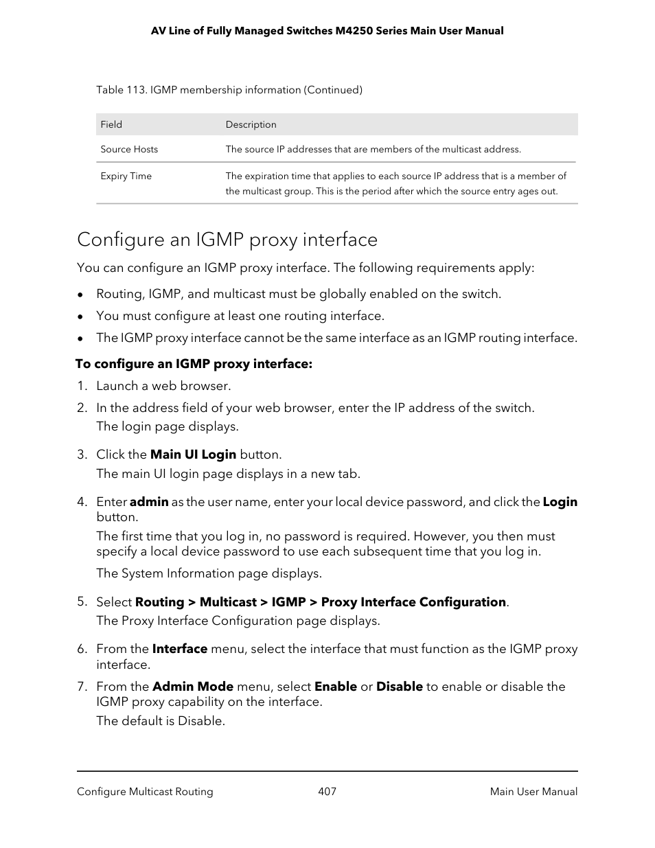 Configure an igmp proxy interface | NETGEAR AV Line M4250 GSM4210PX 8-Port Gigabit PoE+ Compliant Managed AV Switch with SFP (220W) User Manual | Page 407 / 826