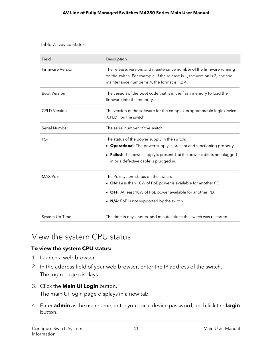 View the system cpu status | NETGEAR AV Line M4250 GSM4210PX 8-Port Gigabit PoE+ Compliant Managed AV Switch with SFP (220W) User Manual | Page 41 / 826