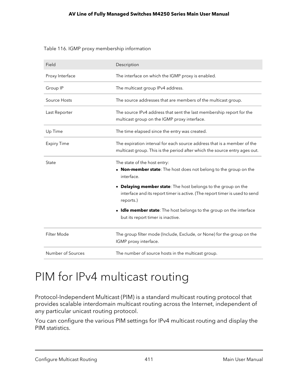 Pim for ipv4 multicast routing | NETGEAR AV Line M4250 GSM4210PX 8-Port Gigabit PoE+ Compliant Managed AV Switch with SFP (220W) User Manual | Page 411 / 826