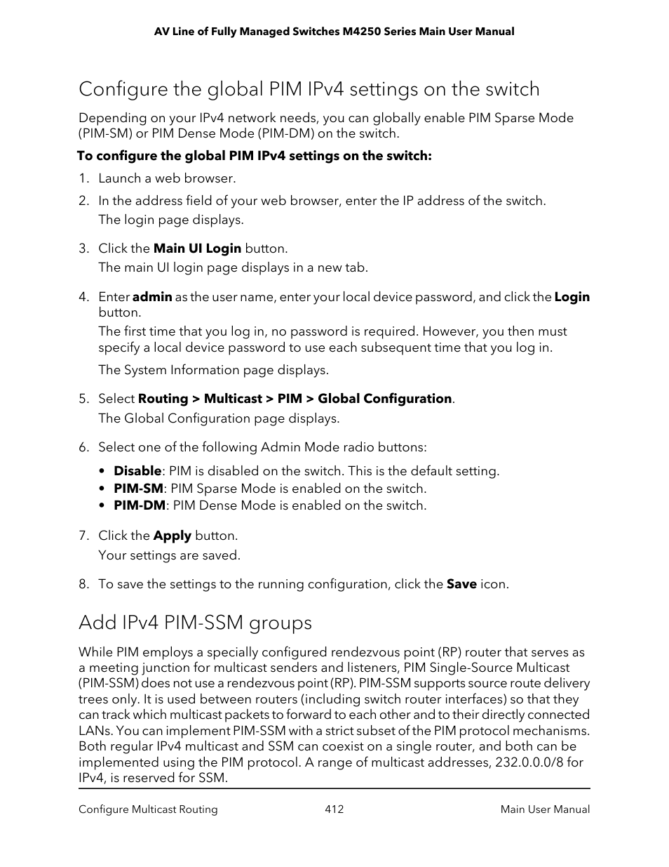 Add ipv4 pim-ssm groups | NETGEAR AV Line M4250 GSM4210PX 8-Port Gigabit PoE+ Compliant Managed AV Switch with SFP (220W) User Manual | Page 412 / 826