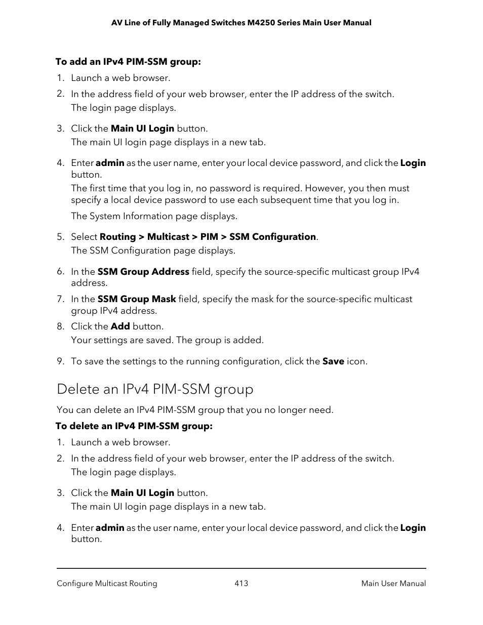 Delete an ipv4 pim-ssm group | NETGEAR AV Line M4250 GSM4210PX 8-Port Gigabit PoE+ Compliant Managed AV Switch with SFP (220W) User Manual | Page 413 / 826