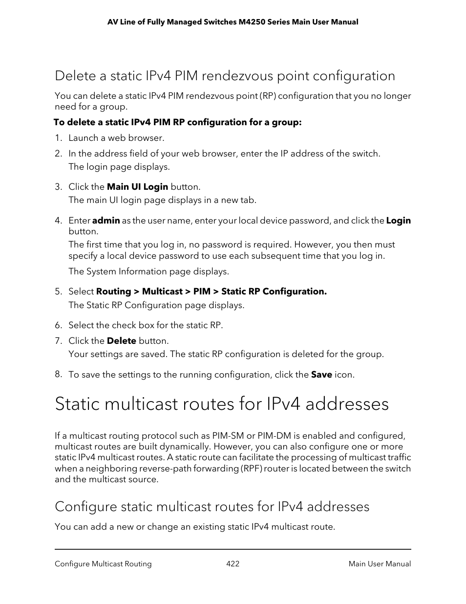 Static multicast routes for ipv4 addresses | NETGEAR AV Line M4250 GSM4210PX 8-Port Gigabit PoE+ Compliant Managed AV Switch with SFP (220W) User Manual | Page 422 / 826