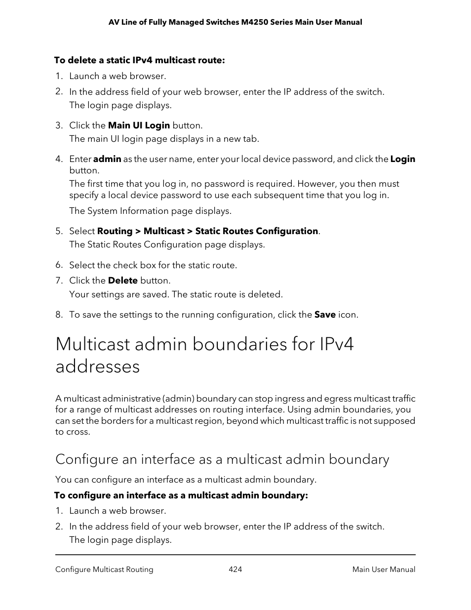 Multicast admin boundaries for ipv4 addresses | NETGEAR AV Line M4250 GSM4210PX 8-Port Gigabit PoE+ Compliant Managed AV Switch with SFP (220W) User Manual | Page 424 / 826