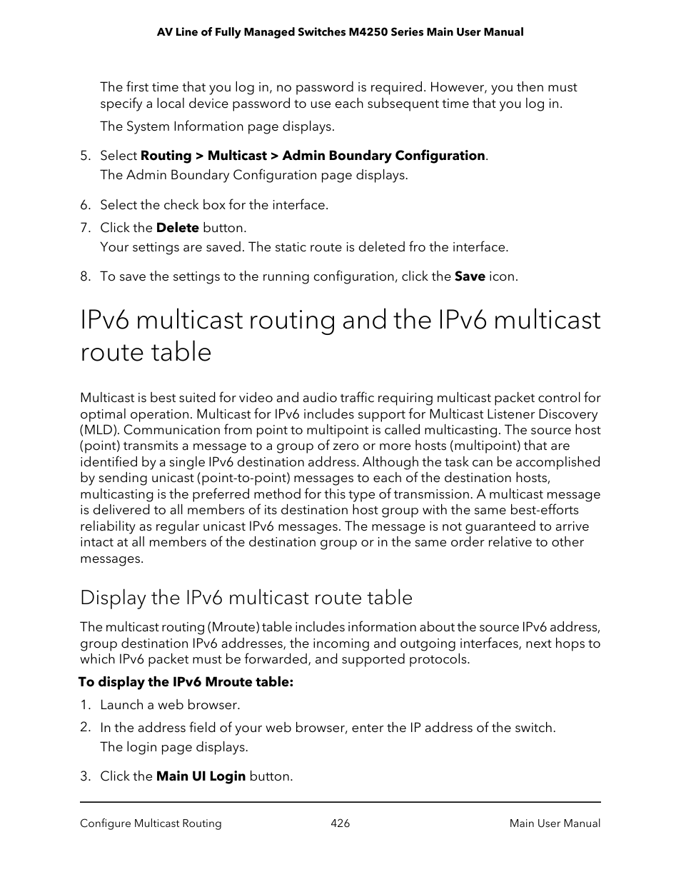 Display the ipv6 multicast route table | NETGEAR AV Line M4250 GSM4210PX 8-Port Gigabit PoE+ Compliant Managed AV Switch with SFP (220W) User Manual | Page 426 / 826