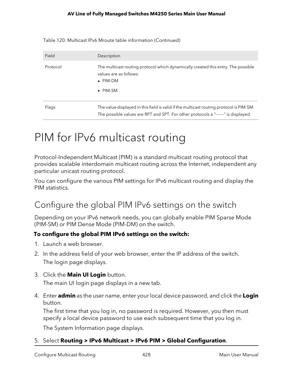 Pim for ipv6 multicast routing | NETGEAR AV Line M4250 GSM4210PX 8-Port Gigabit PoE+ Compliant Managed AV Switch with SFP (220W) User Manual | Page 428 / 826