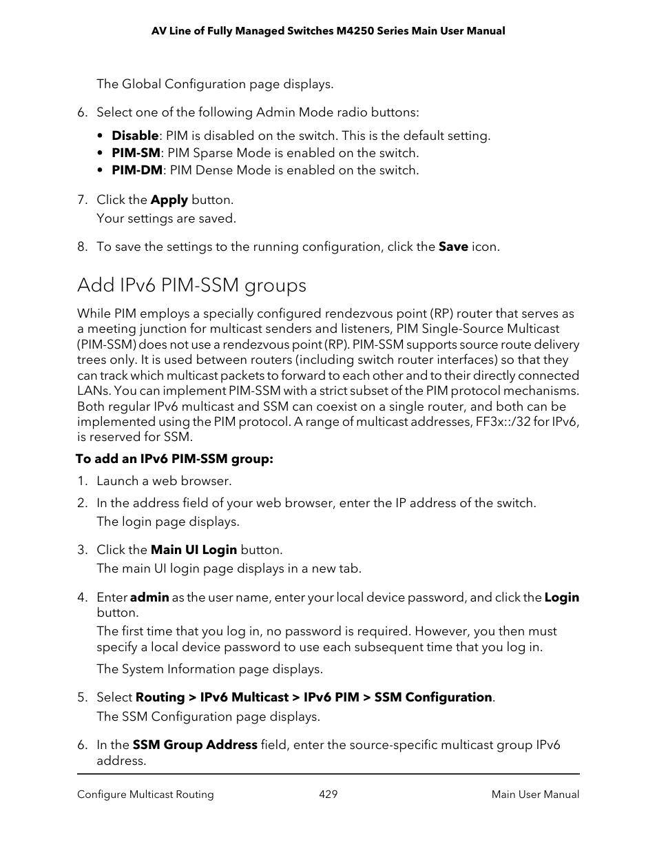 Add ipv6 pim-ssm groups | NETGEAR AV Line M4250 GSM4210PX 8-Port Gigabit PoE+ Compliant Managed AV Switch with SFP (220W) User Manual | Page 429 / 826