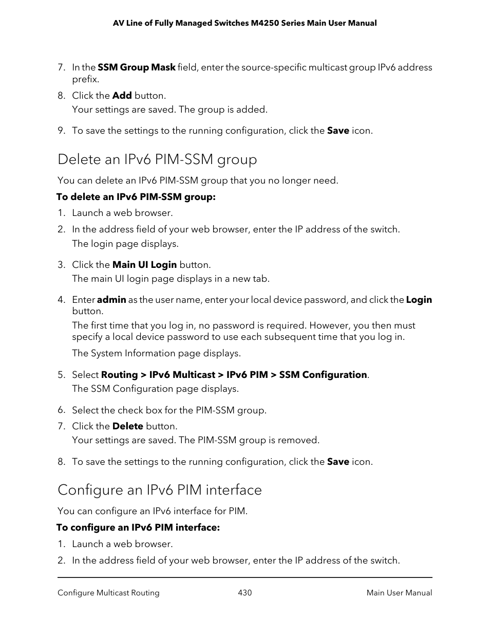 Delete an ipv6 pim-ssm group, Configure an ipv6 pim interface | NETGEAR AV Line M4250 GSM4210PX 8-Port Gigabit PoE+ Compliant Managed AV Switch with SFP (220W) User Manual | Page 430 / 826