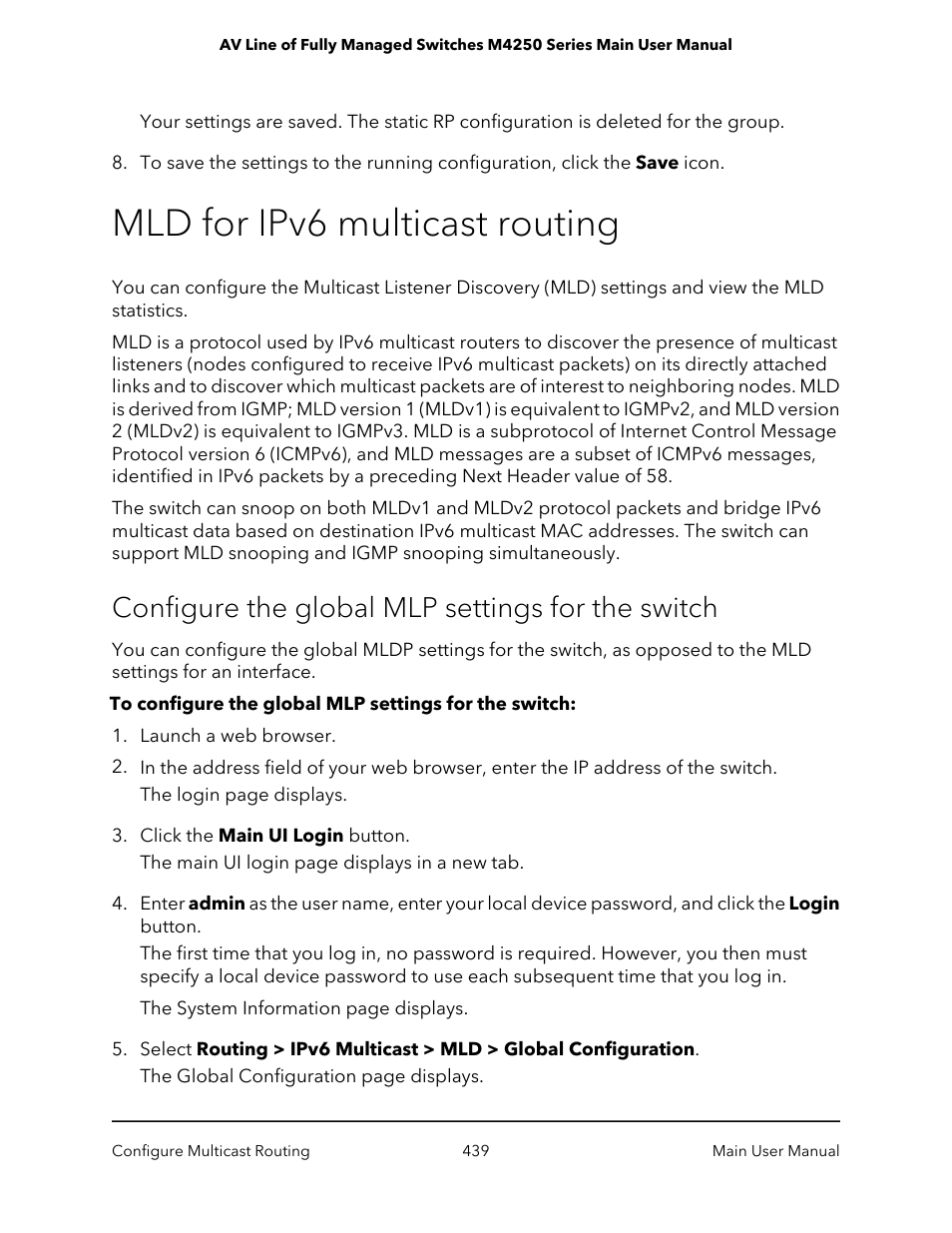 Mld for ipv6 multicast routing, Configure the global mlp settings for the switch | NETGEAR AV Line M4250 GSM4210PX 8-Port Gigabit PoE+ Compliant Managed AV Switch with SFP (220W) User Manual | Page 439 / 826