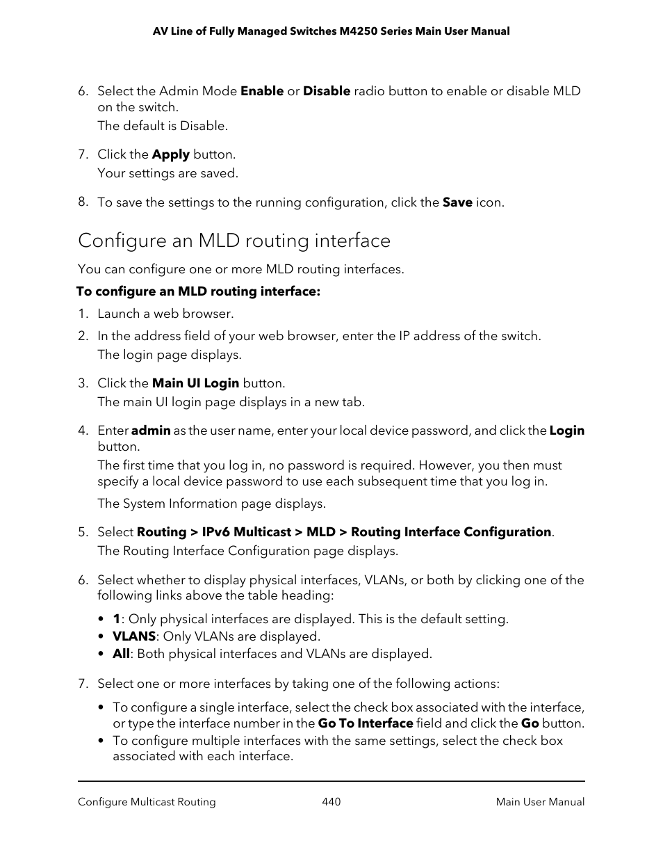 Configure an mld routing interface | NETGEAR AV Line M4250 GSM4210PX 8-Port Gigabit PoE+ Compliant Managed AV Switch with SFP (220W) User Manual | Page 440 / 826