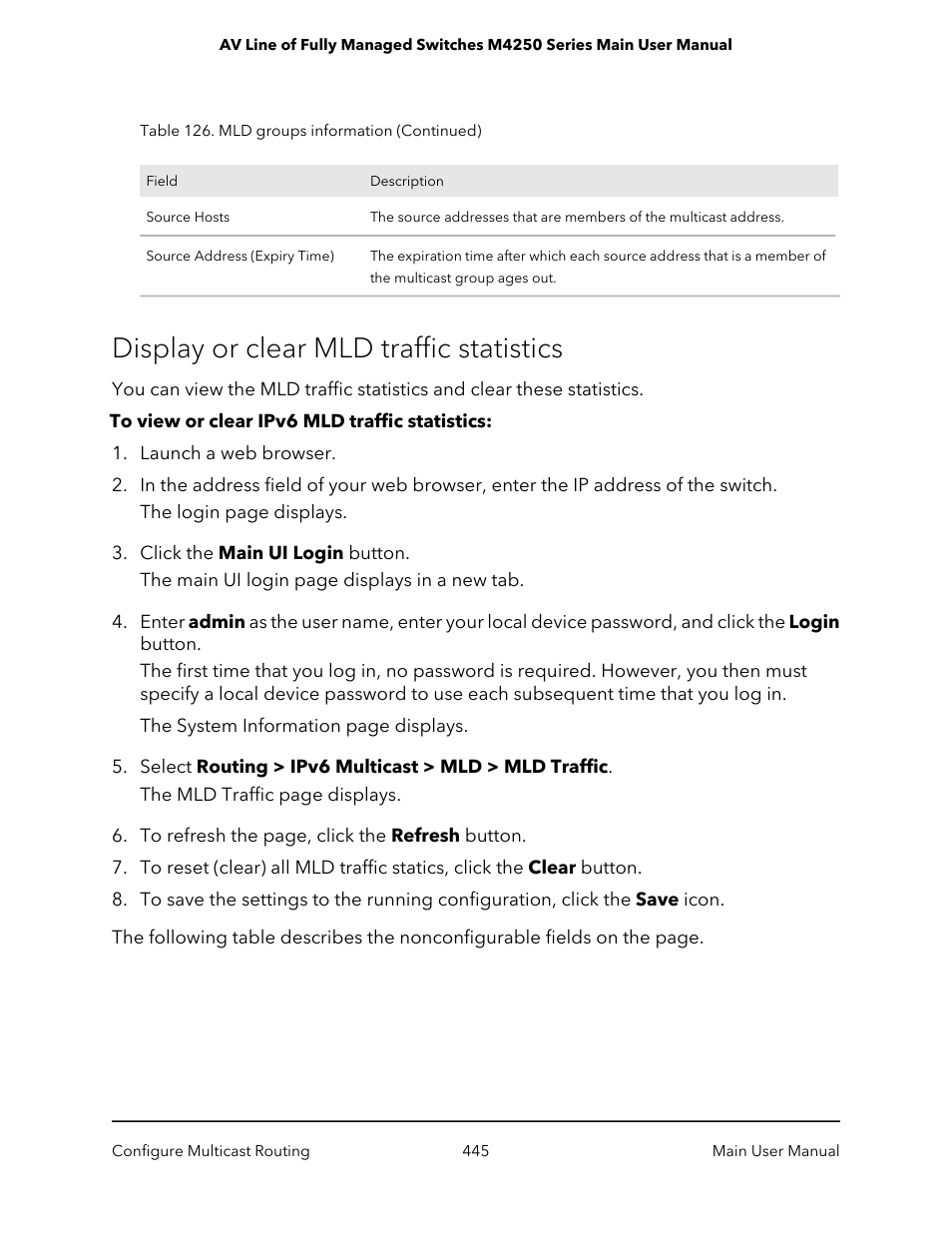 Display or clear mld traffic statistics | NETGEAR AV Line M4250 GSM4210PX 8-Port Gigabit PoE+ Compliant Managed AV Switch with SFP (220W) User Manual | Page 445 / 826