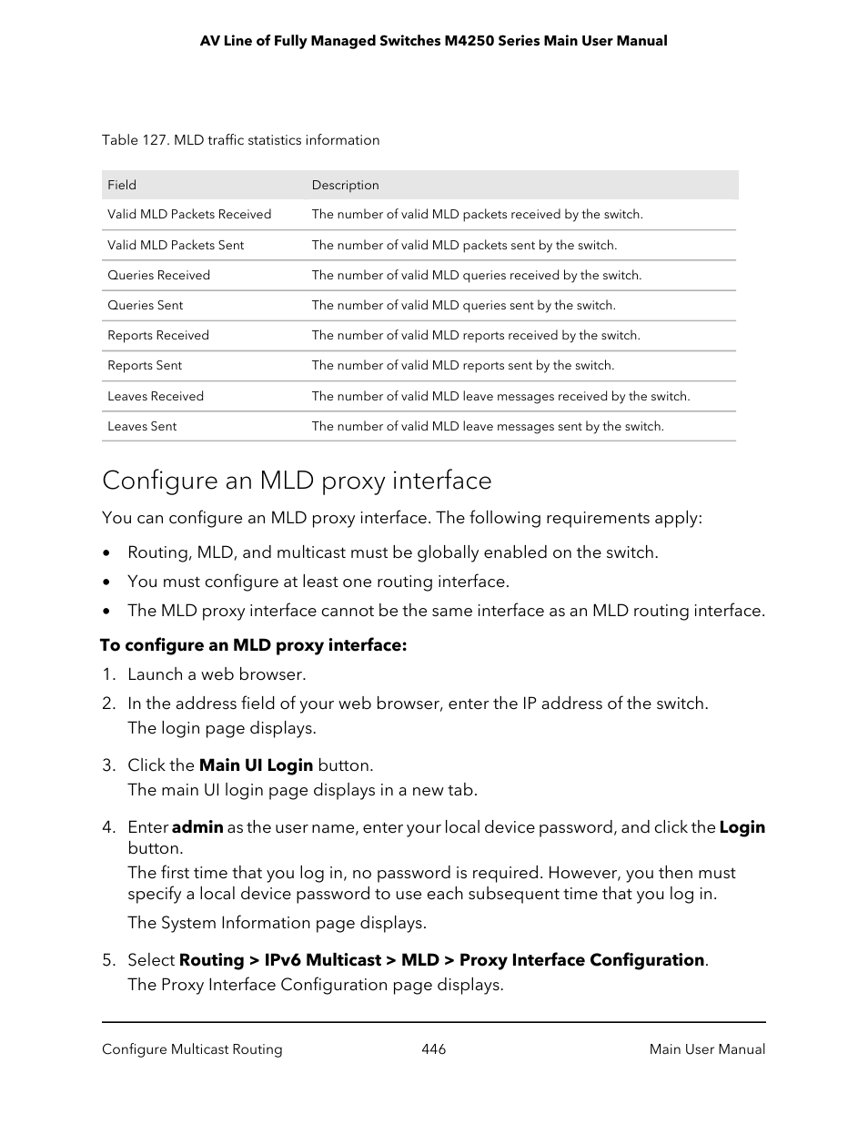 Configure an mld proxy interface | NETGEAR AV Line M4250 GSM4210PX 8-Port Gigabit PoE+ Compliant Managed AV Switch with SFP (220W) User Manual | Page 446 / 826