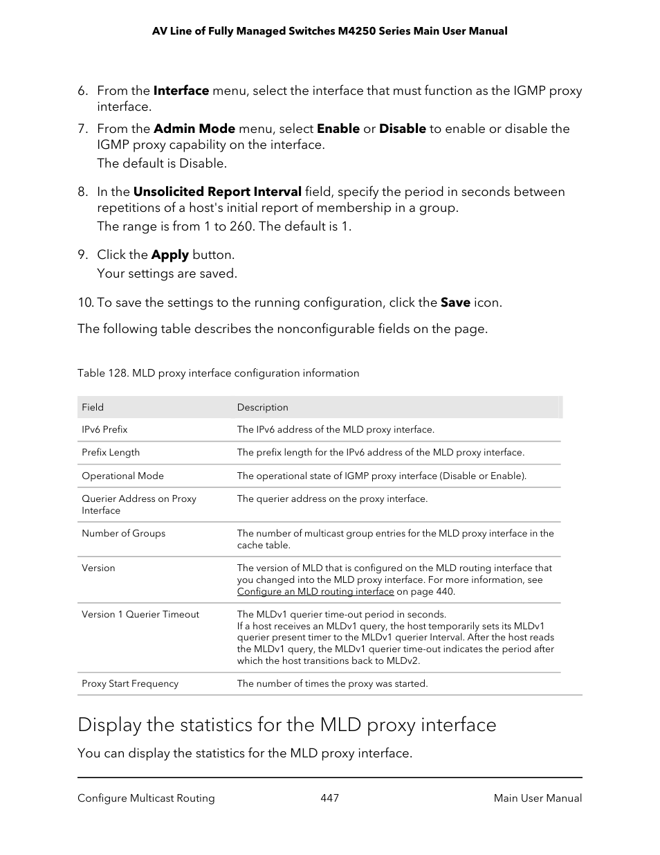 Display the statistics for the mld proxy interface | NETGEAR AV Line M4250 GSM4210PX 8-Port Gigabit PoE+ Compliant Managed AV Switch with SFP (220W) User Manual | Page 447 / 826