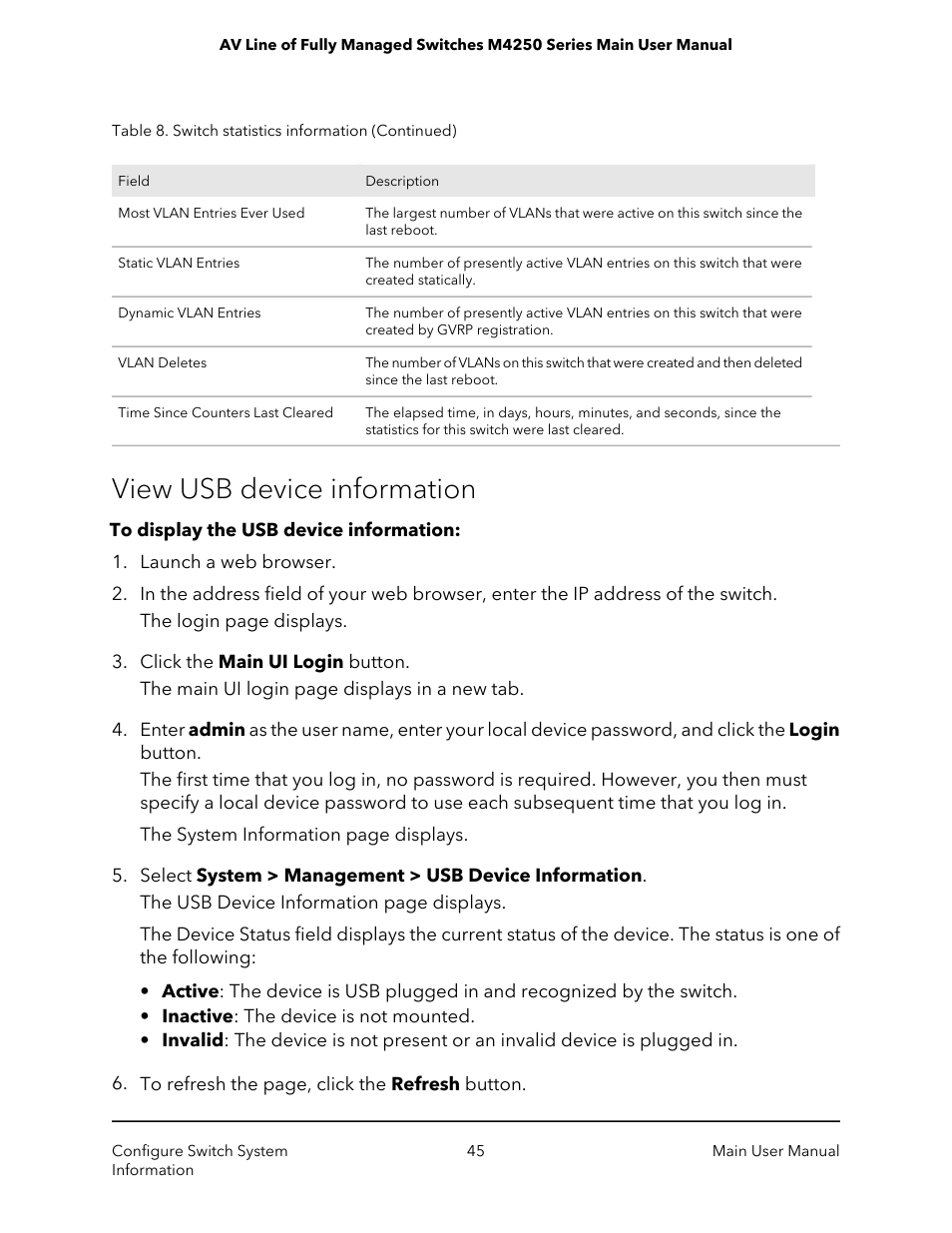 View usb device information | NETGEAR AV Line M4250 GSM4210PX 8-Port Gigabit PoE+ Compliant Managed AV Switch with SFP (220W) User Manual | Page 45 / 826