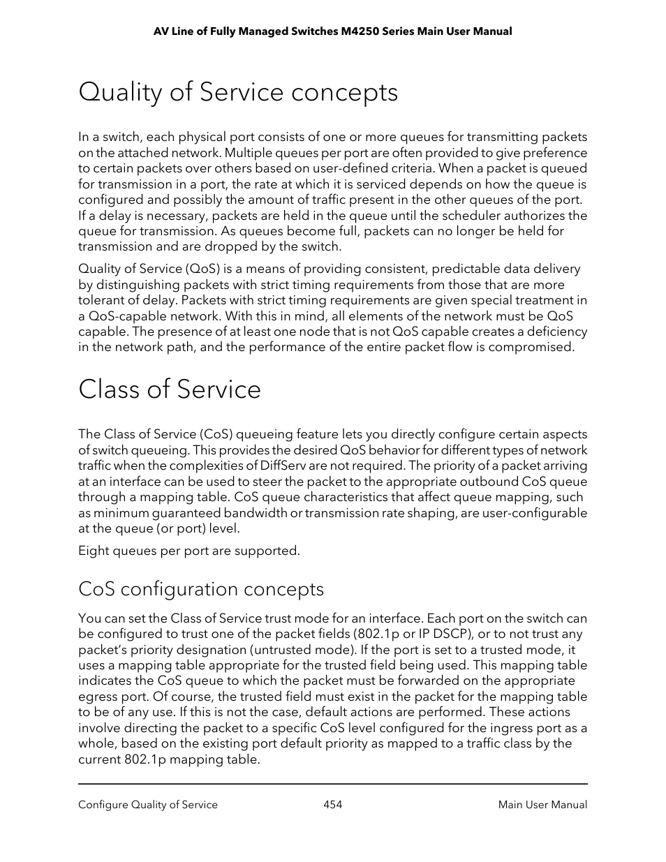 Quality of service concepts, Class of service, Cos configuration concepts | Quality of service concepts class of service | NETGEAR AV Line M4250 GSM4210PX 8-Port Gigabit PoE+ Compliant Managed AV Switch with SFP (220W) User Manual | Page 454 / 826