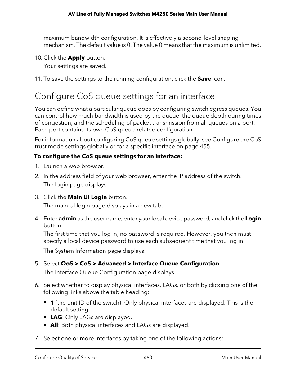 Configure cos queue settings for an interface | NETGEAR AV Line M4250 GSM4210PX 8-Port Gigabit PoE+ Compliant Managed AV Switch with SFP (220W) User Manual | Page 460 / 826