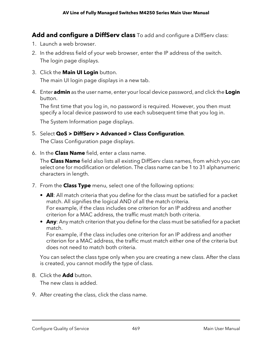 Add and configure a diffserv class | NETGEAR AV Line M4250 GSM4210PX 8-Port Gigabit PoE+ Compliant Managed AV Switch with SFP (220W) User Manual | Page 469 / 826