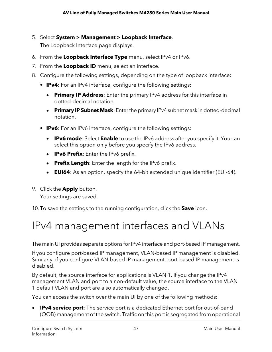 Ipv4 management interfaces and vlans | NETGEAR AV Line M4250 GSM4210PX 8-Port Gigabit PoE+ Compliant Managed AV Switch with SFP (220W) User Manual | Page 47 / 826