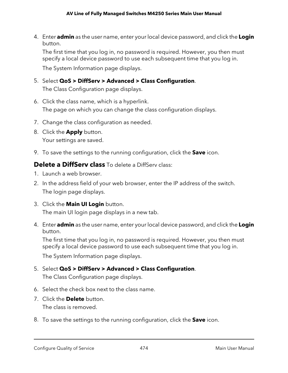 Delete a diffserv class | NETGEAR AV Line M4250 GSM4210PX 8-Port Gigabit PoE+ Compliant Managed AV Switch with SFP (220W) User Manual | Page 474 / 826