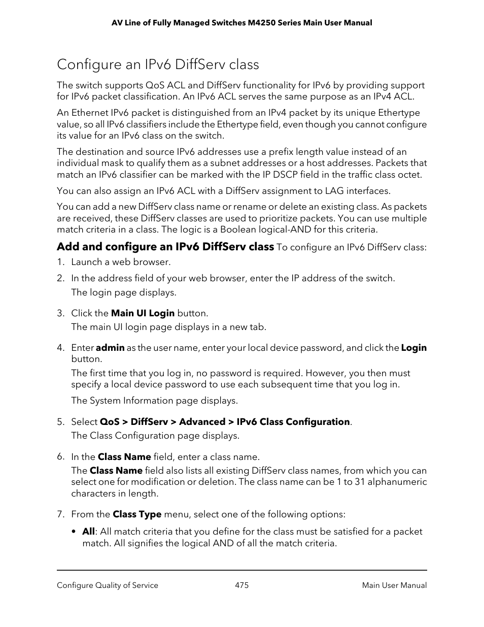 Configure an ipv6 diffserv class, Add and configure an ipv6 diffserv class | NETGEAR AV Line M4250 GSM4210PX 8-Port Gigabit PoE+ Compliant Managed AV Switch with SFP (220W) User Manual | Page 475 / 826