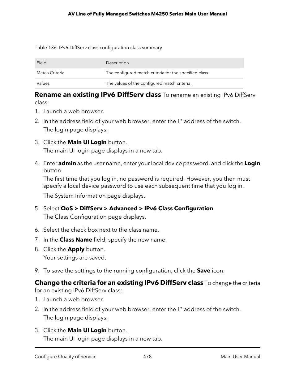 Rename an existing ipv6 diffserv class | NETGEAR AV Line M4250 GSM4210PX 8-Port Gigabit PoE+ Compliant Managed AV Switch with SFP (220W) User Manual | Page 478 / 826