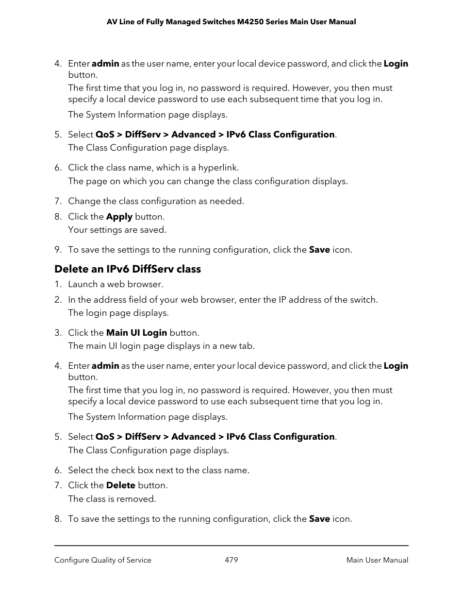 Delete an ipv6 diffserv class | NETGEAR AV Line M4250 GSM4210PX 8-Port Gigabit PoE+ Compliant Managed AV Switch with SFP (220W) User Manual | Page 479 / 826