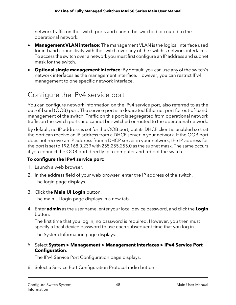 Configure the ipv4 service port | NETGEAR AV Line M4250 GSM4210PX 8-Port Gigabit PoE+ Compliant Managed AV Switch with SFP (220W) User Manual | Page 48 / 826