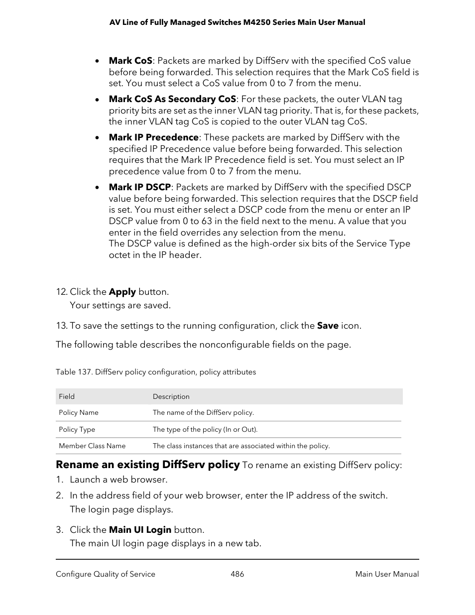 Rename an existing diffserv policy | NETGEAR AV Line M4250 GSM4210PX 8-Port Gigabit PoE+ Compliant Managed AV Switch with SFP (220W) User Manual | Page 486 / 826