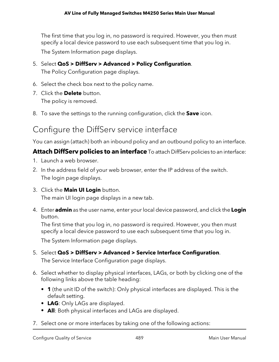 Configure the diffserv service interface, Attach diffserv policies to an interface | NETGEAR AV Line M4250 GSM4210PX 8-Port Gigabit PoE+ Compliant Managed AV Switch with SFP (220W) User Manual | Page 489 / 826