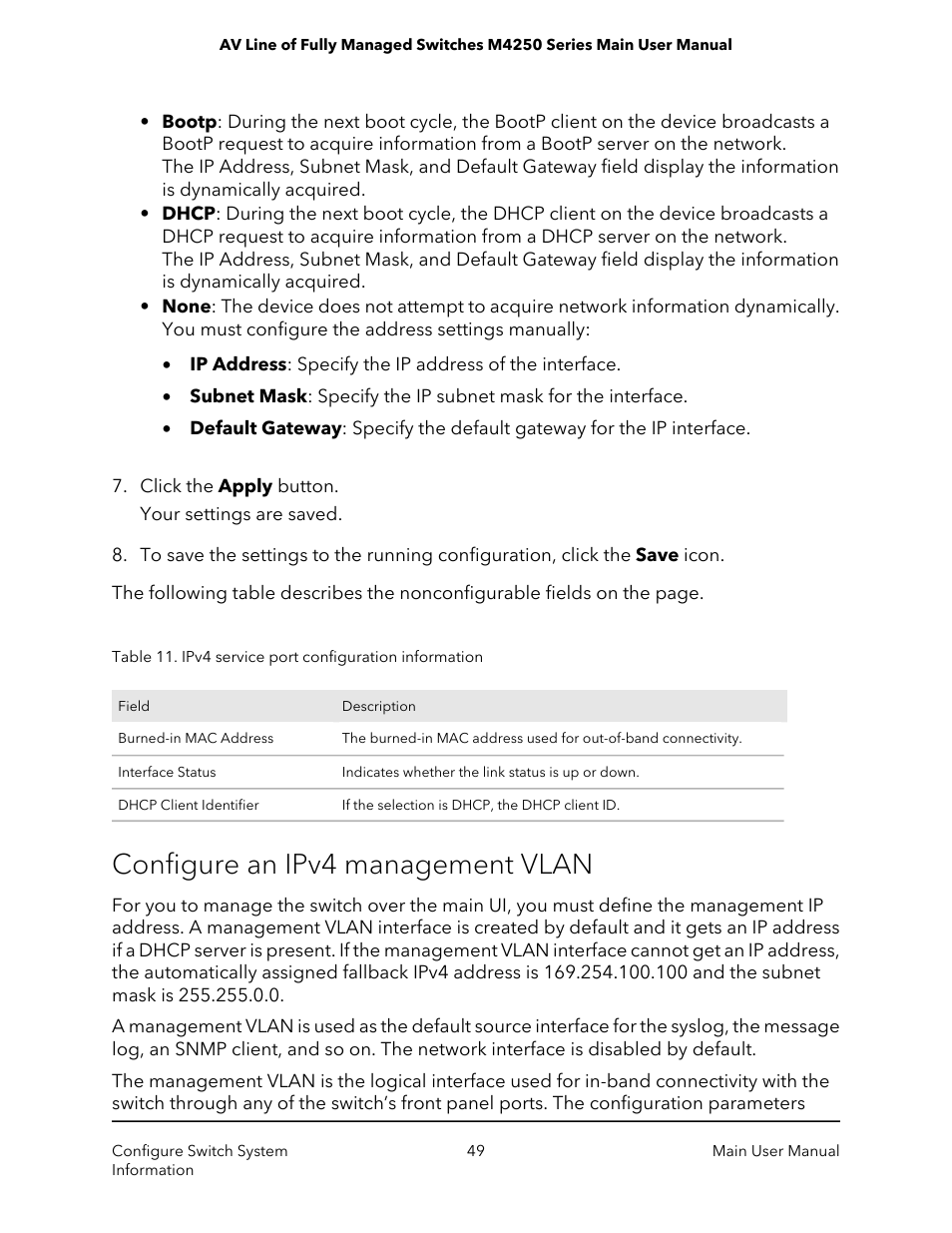 Configure an ipv4 management vlan | NETGEAR AV Line M4250 GSM4210PX 8-Port Gigabit PoE+ Compliant Managed AV Switch with SFP (220W) User Manual | Page 49 / 826