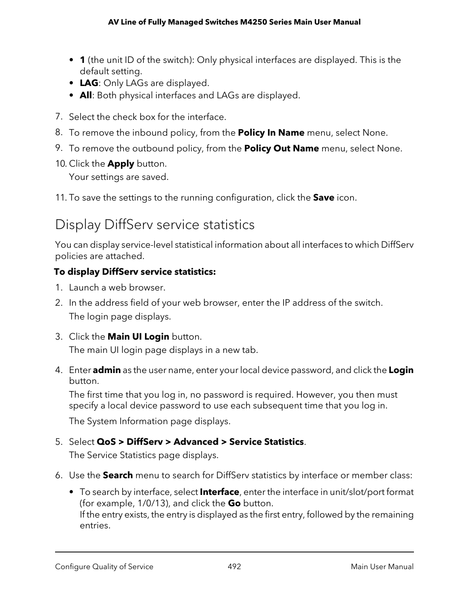 Display diffserv service statistics | NETGEAR AV Line M4250 GSM4210PX 8-Port Gigabit PoE+ Compliant Managed AV Switch with SFP (220W) User Manual | Page 492 / 826