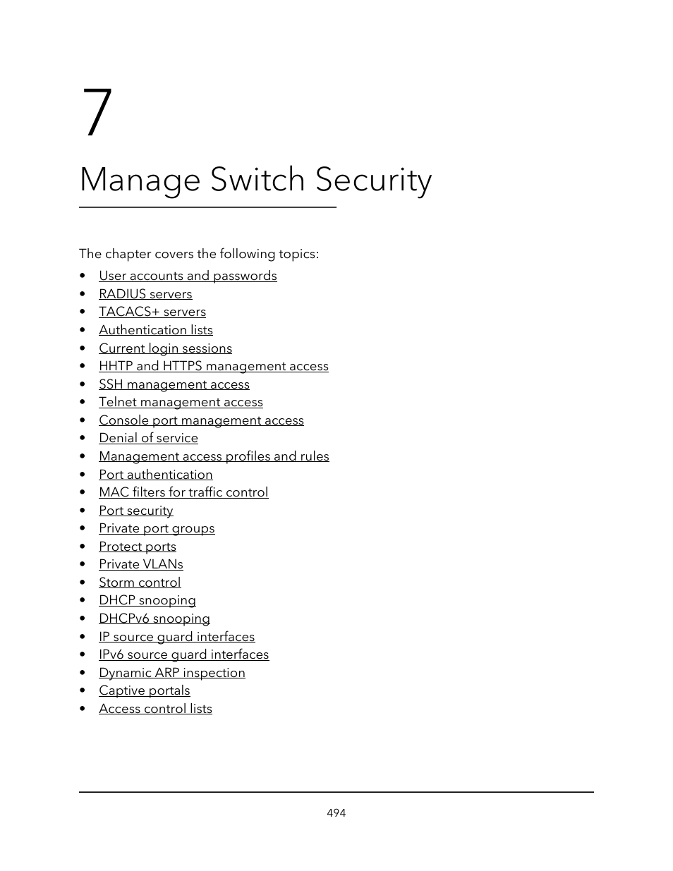 Manage switch security, Chapter 7 manage switch security | NETGEAR AV Line M4250 GSM4210PX 8-Port Gigabit PoE+ Compliant Managed AV Switch with SFP (220W) User Manual | Page 494 / 826