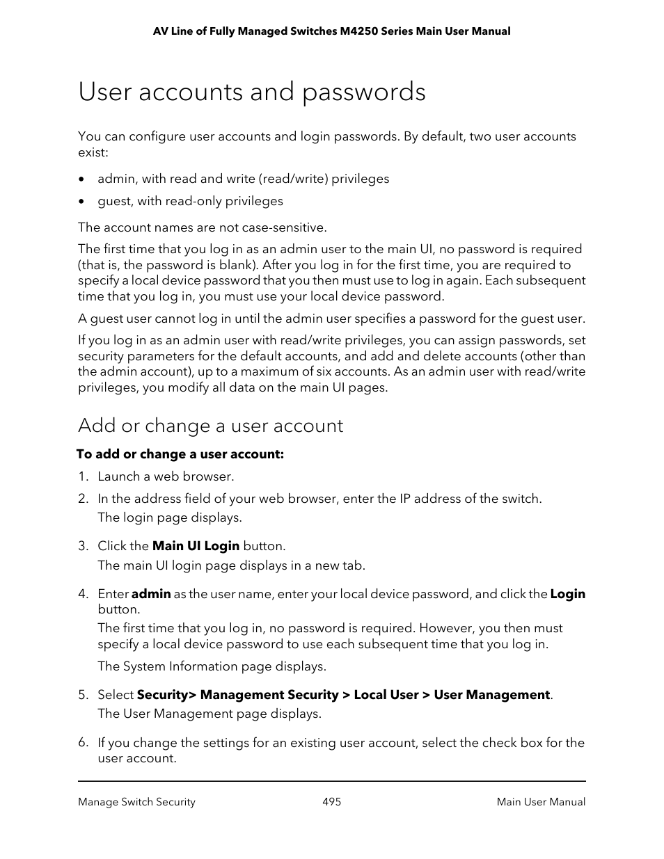 User accounts and passwords, Add or change a user account | NETGEAR AV Line M4250 GSM4210PX 8-Port Gigabit PoE+ Compliant Managed AV Switch with SFP (220W) User Manual | Page 495 / 826