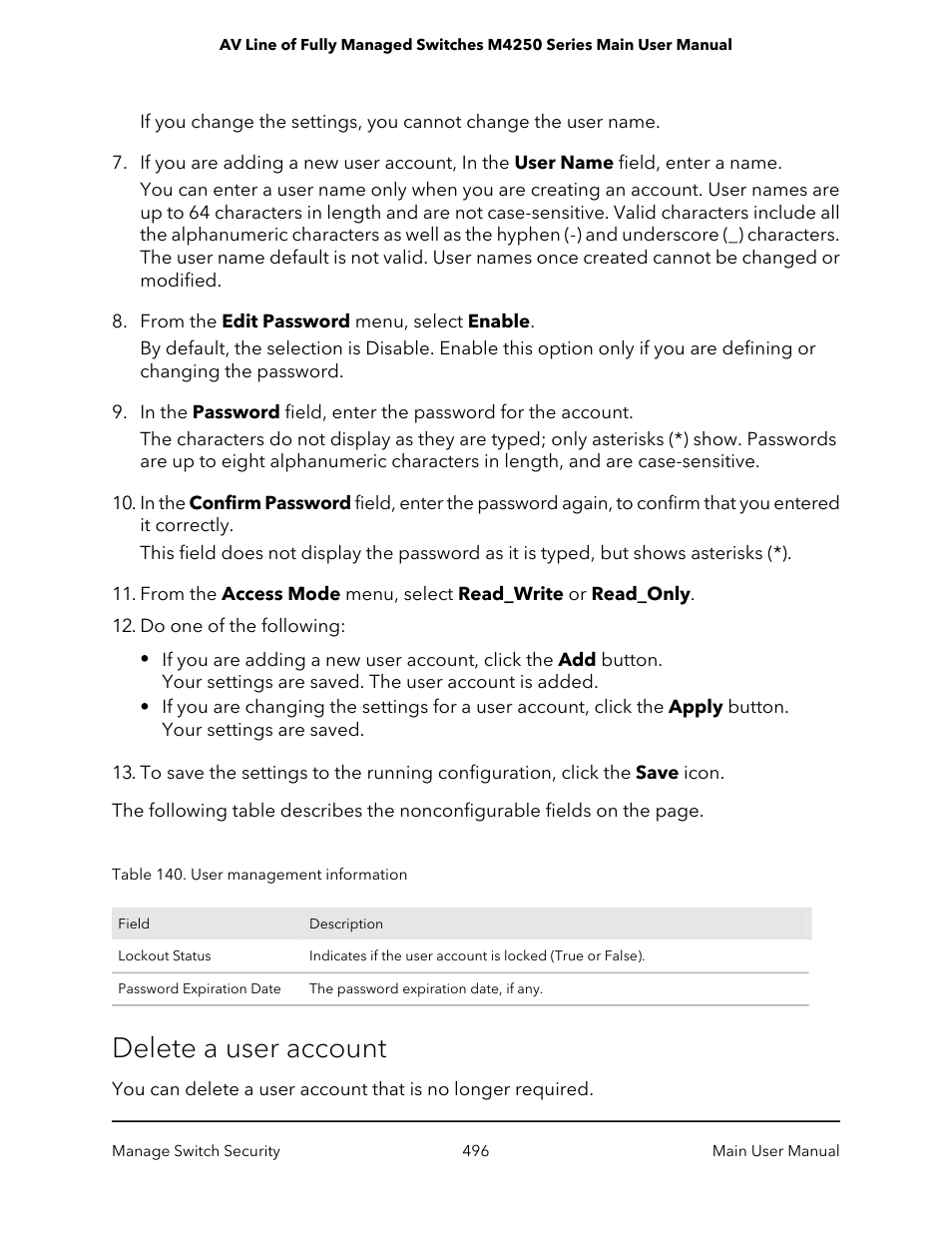 Delete a user account | NETGEAR AV Line M4250 GSM4210PX 8-Port Gigabit PoE+ Compliant Managed AV Switch with SFP (220W) User Manual | Page 496 / 826