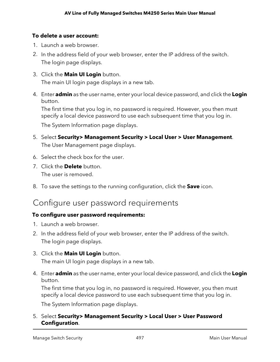 Configure user password requirements | NETGEAR AV Line M4250 GSM4210PX 8-Port Gigabit PoE+ Compliant Managed AV Switch with SFP (220W) User Manual | Page 497 / 826