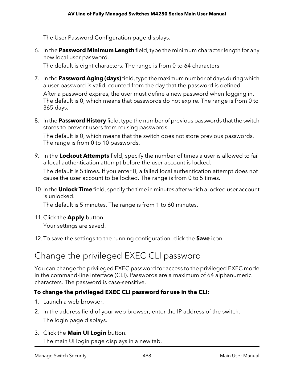 Change the privileged exec cli password | NETGEAR AV Line M4250 GSM4210PX 8-Port Gigabit PoE+ Compliant Managed AV Switch with SFP (220W) User Manual | Page 498 / 826