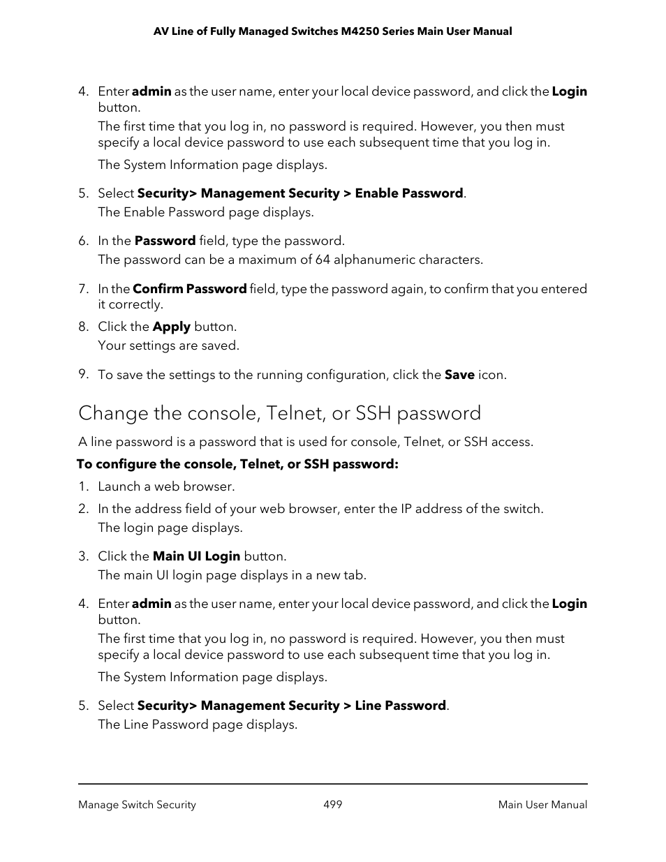 Change the console, telnet, or ssh password | NETGEAR AV Line M4250 GSM4210PX 8-Port Gigabit PoE+ Compliant Managed AV Switch with SFP (220W) User Manual | Page 499 / 826