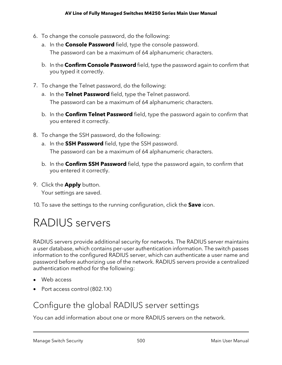 Radius servers, Configure the global radius server settings | NETGEAR AV Line M4250 GSM4210PX 8-Port Gigabit PoE+ Compliant Managed AV Switch with SFP (220W) User Manual | Page 500 / 826