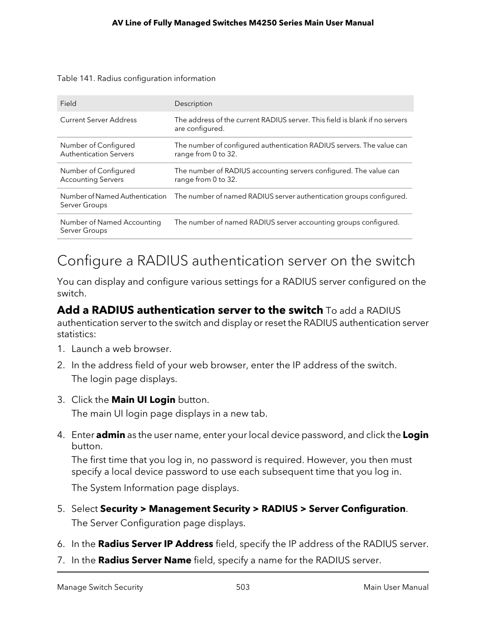 Add a radius authentication server to the switch | NETGEAR AV Line M4250 GSM4210PX 8-Port Gigabit PoE+ Compliant Managed AV Switch with SFP (220W) User Manual | Page 503 / 826