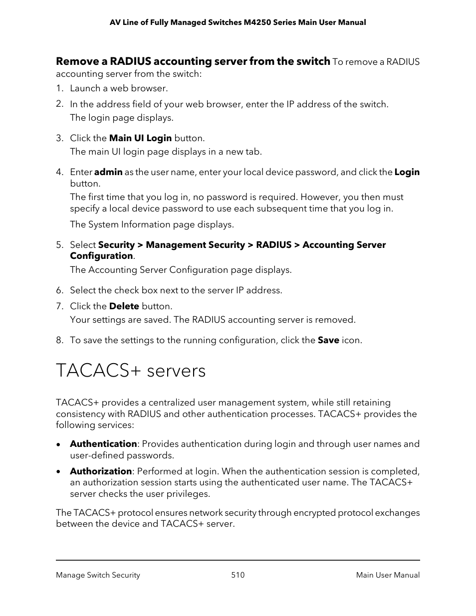 Remove a radius accounting server from the switch, Tacacs+ servers | NETGEAR AV Line M4250 GSM4210PX 8-Port Gigabit PoE+ Compliant Managed AV Switch with SFP (220W) User Manual | Page 510 / 826