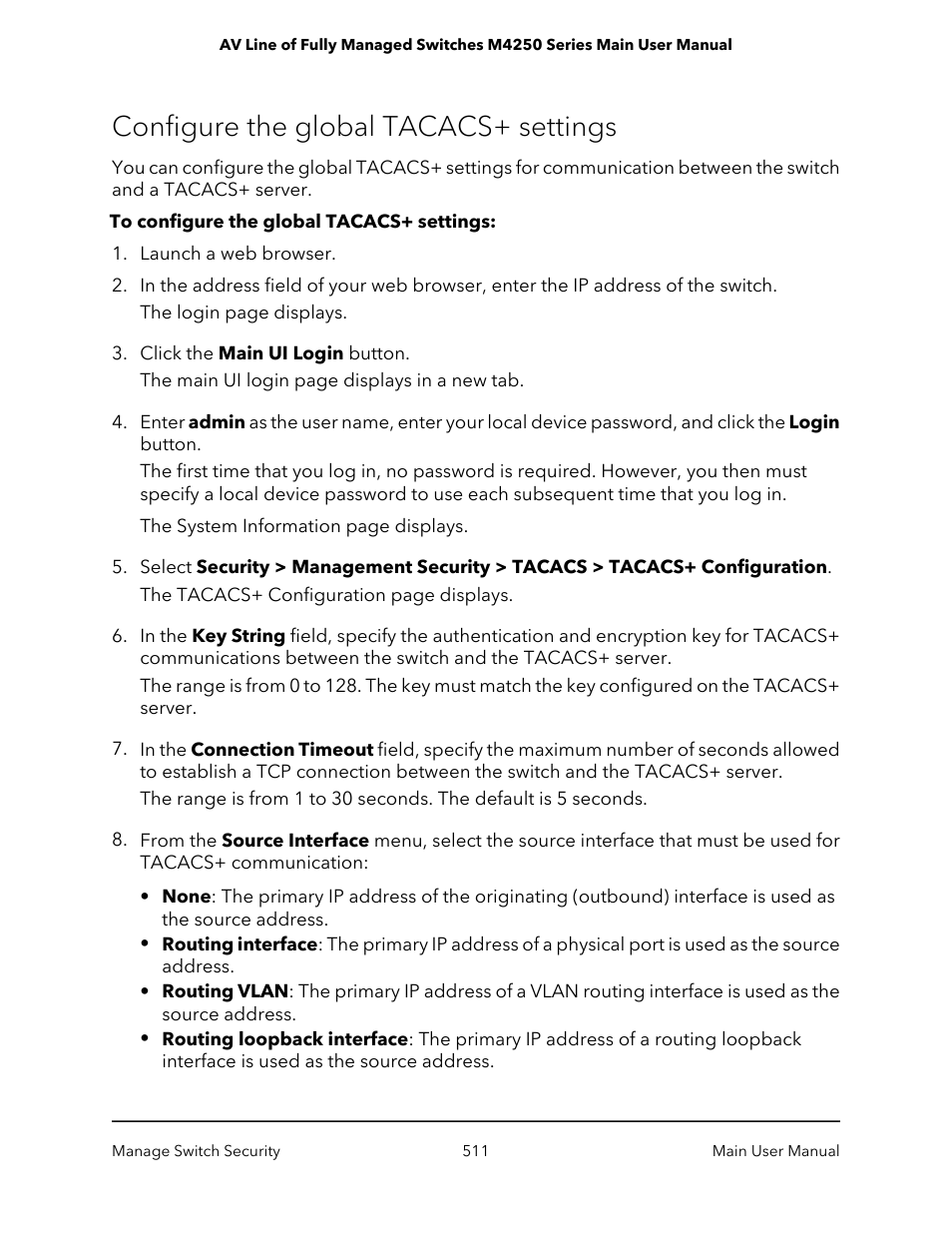 Configure the global tacacs+ settings | NETGEAR AV Line M4250 GSM4210PX 8-Port Gigabit PoE+ Compliant Managed AV Switch with SFP (220W) User Manual | Page 511 / 826