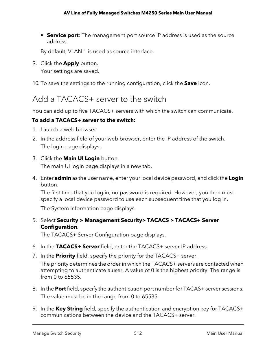 Add a tacacs+ server to the switch | NETGEAR AV Line M4250 GSM4210PX 8-Port Gigabit PoE+ Compliant Managed AV Switch with SFP (220W) User Manual | Page 512 / 826