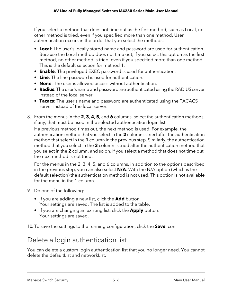 Delete a login authentication list | NETGEAR AV Line M4250 GSM4210PX 8-Port Gigabit PoE+ Compliant Managed AV Switch with SFP (220W) User Manual | Page 516 / 826