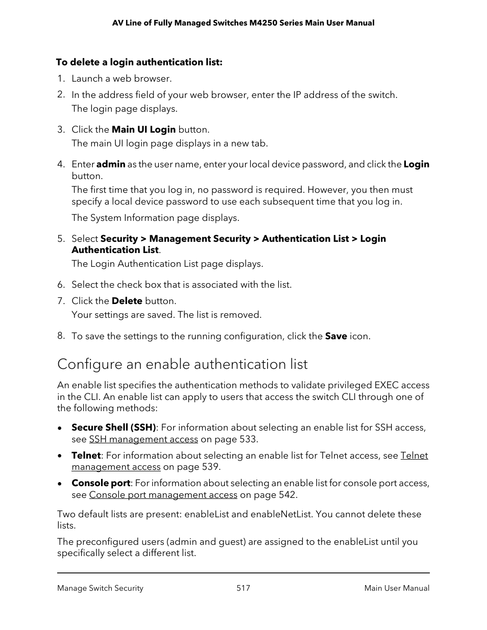 Configure an enable authentication list | NETGEAR AV Line M4250 GSM4210PX 8-Port Gigabit PoE+ Compliant Managed AV Switch with SFP (220W) User Manual | Page 517 / 826