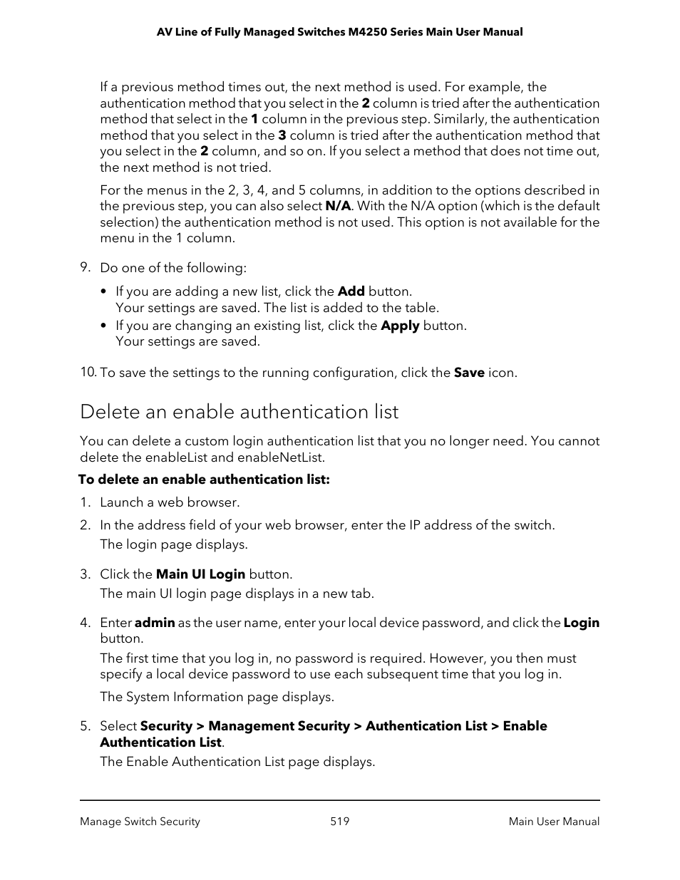 Delete an enable authentication list | NETGEAR AV Line M4250 GSM4210PX 8-Port Gigabit PoE+ Compliant Managed AV Switch with SFP (220W) User Manual | Page 519 / 826