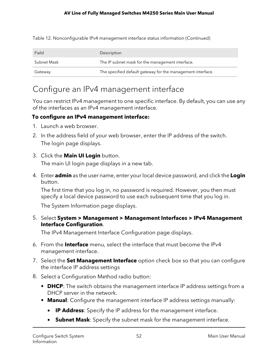 Configure an ipv4 management interface | NETGEAR AV Line M4250 GSM4210PX 8-Port Gigabit PoE+ Compliant Managed AV Switch with SFP (220W) User Manual | Page 52 / 826