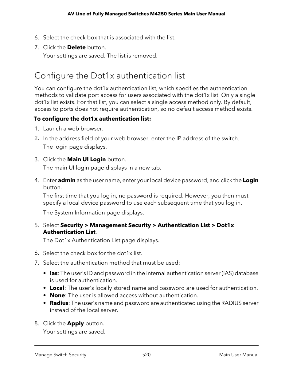 Configure the dot1x authentication list | NETGEAR AV Line M4250 GSM4210PX 8-Port Gigabit PoE+ Compliant Managed AV Switch with SFP (220W) User Manual | Page 520 / 826