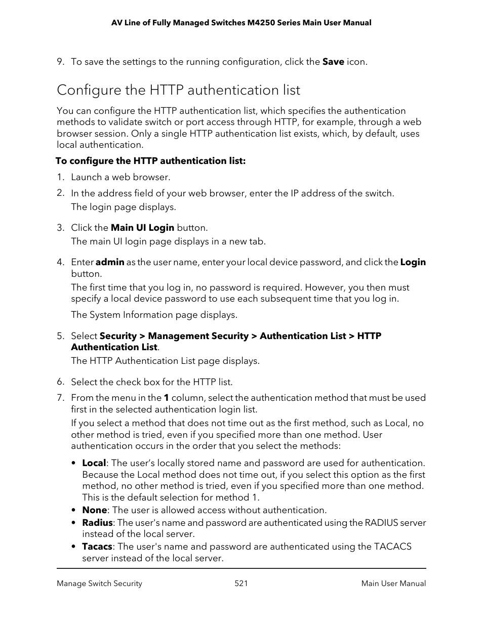 Configure the http authentication list | NETGEAR AV Line M4250 GSM4210PX 8-Port Gigabit PoE+ Compliant Managed AV Switch with SFP (220W) User Manual | Page 521 / 826