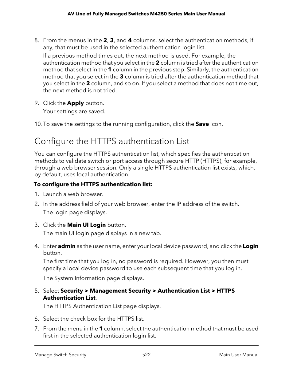 Configure the https authentication list | NETGEAR AV Line M4250 GSM4210PX 8-Port Gigabit PoE+ Compliant Managed AV Switch with SFP (220W) User Manual | Page 522 / 826